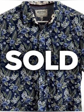 HERITAGE Report Collection Shirt Men Large Blue Hawaiian Floral 100% Cotton